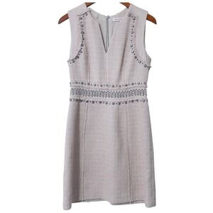 Rebecca Taylor Womens Studded Tweed Leather Trim‎ Dress Size 4 Neutral Sheath